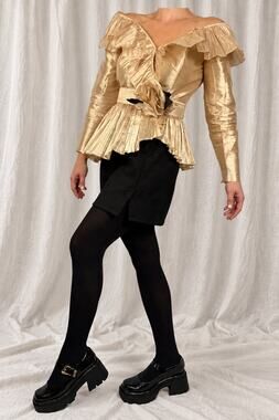 1980s Gold Metallic Ruffled Peplum Blouse – Size L